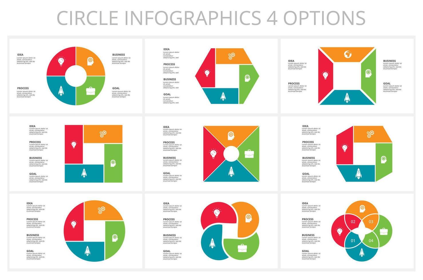 conjunto circulo elementos de grafico, diagrama con 4 4 pasos, opciones, partes o procesos. modelo para infografía, presentación. vector