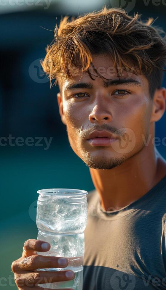 AI generated Latino Sprinter Drinking Isotonic Water after Exercise photo