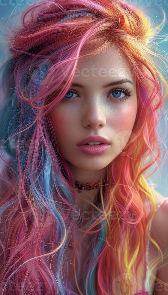 AI generated Colorful Creativity Dynamic Illustration of Character with Multicolored Hair photo
