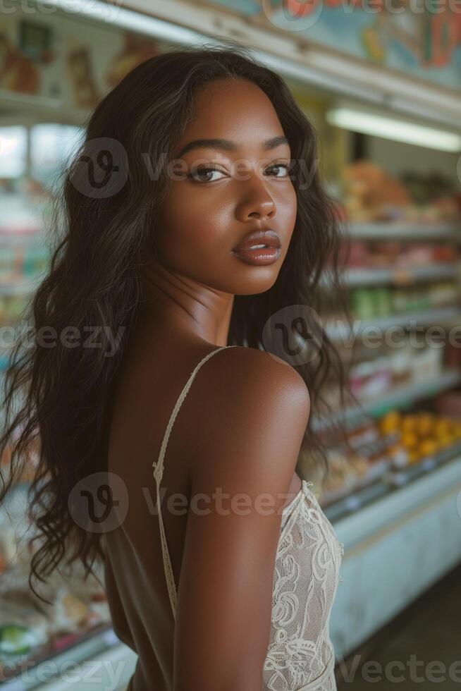 ai generado hermosa africano americano mujer con largo pelo vistiendo un vestir en un tienda de comestibles Tienda en America, 2020 foto