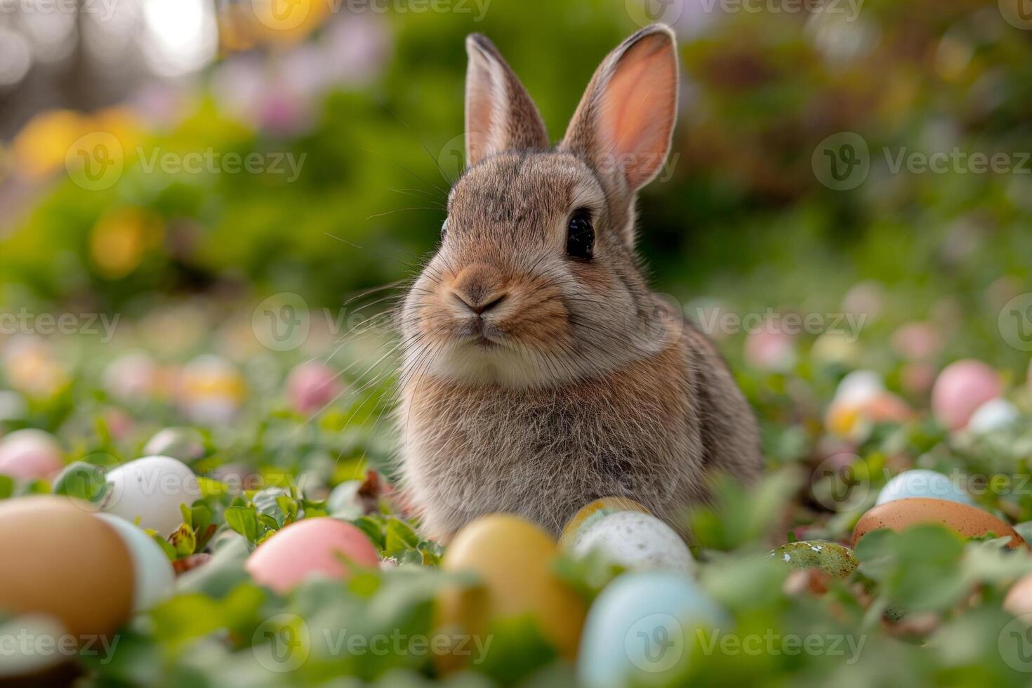 ai generado Conejo en un campo lleno con de colores pequeño Pascua de Resurrección huevos foto