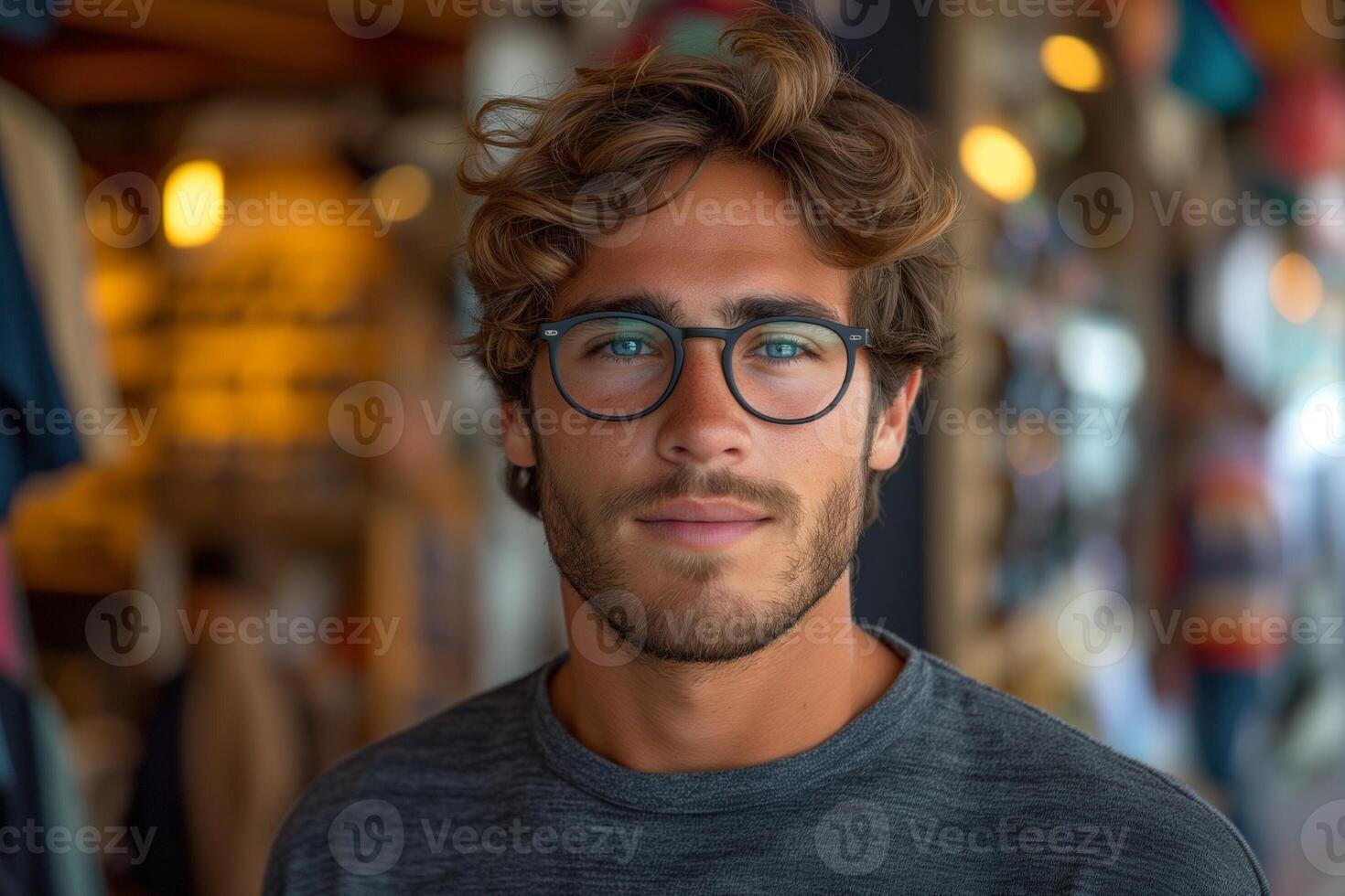 AI generated Wide-Angle Snapshot of a Young Man at the Eyeglass Store photo