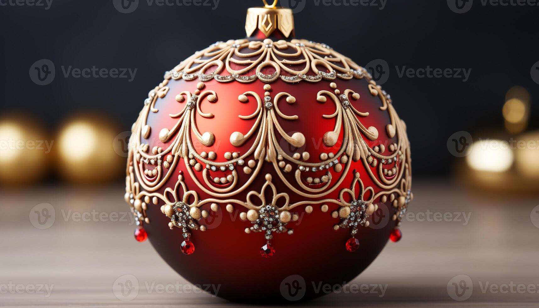 AI generated Shiny gold ornament illuminates winter celebration, decorating Christmas tree generated by AI photo