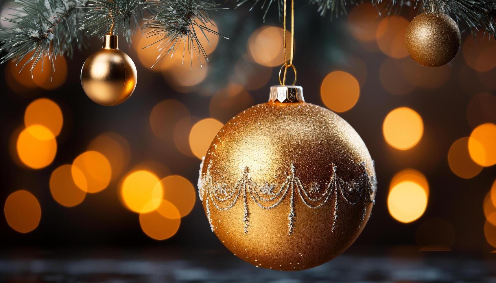AI generated Christmas tree glowing with gold ornaments, illuminating the festive night generated by AI photo