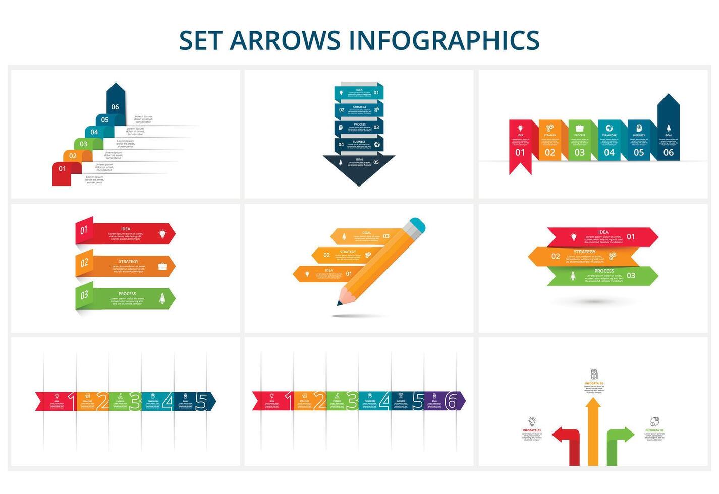 conjunto resumen flechas de grafico, diagrama con 3, 4, 5, 6 6 pasos, opciones, partes o procesos. vector negocio modelo para presentación