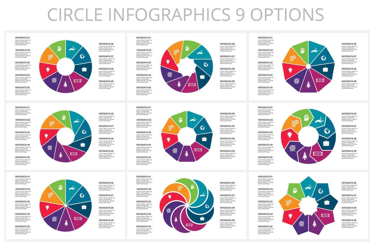 conjunto circulo elementos de grafico, diagrama con 9 9 pasos, opciones, partes o procesos. modelo para infografía, presentación. vector