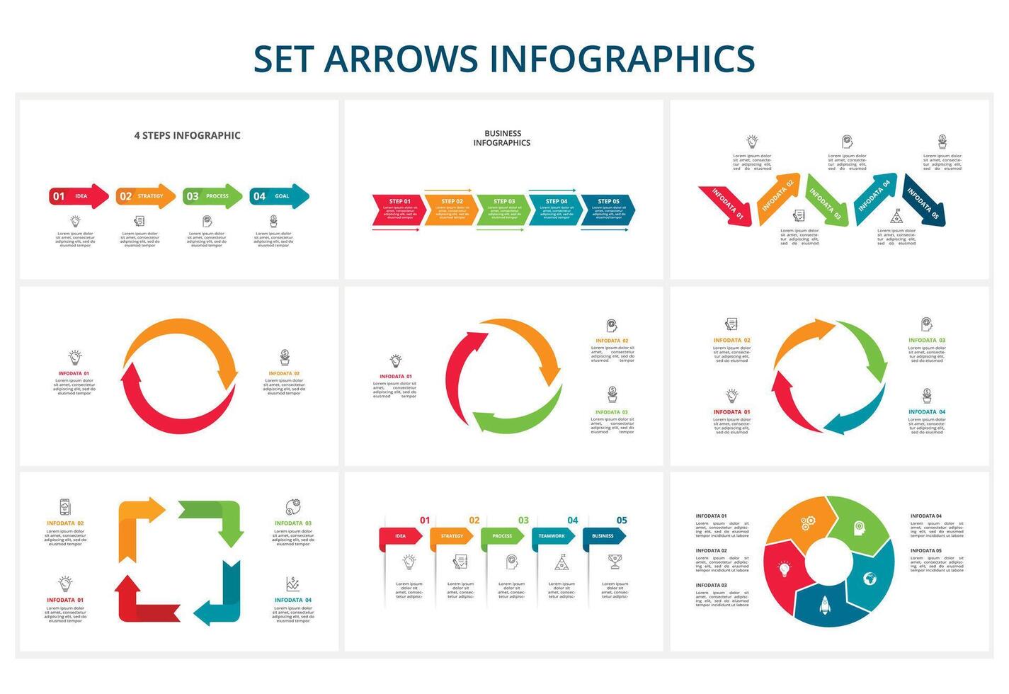 Set abstract arrows of graph, diagram with 2, 3, 4, 5 steps, options, parts or processes. Vector business template for presentation