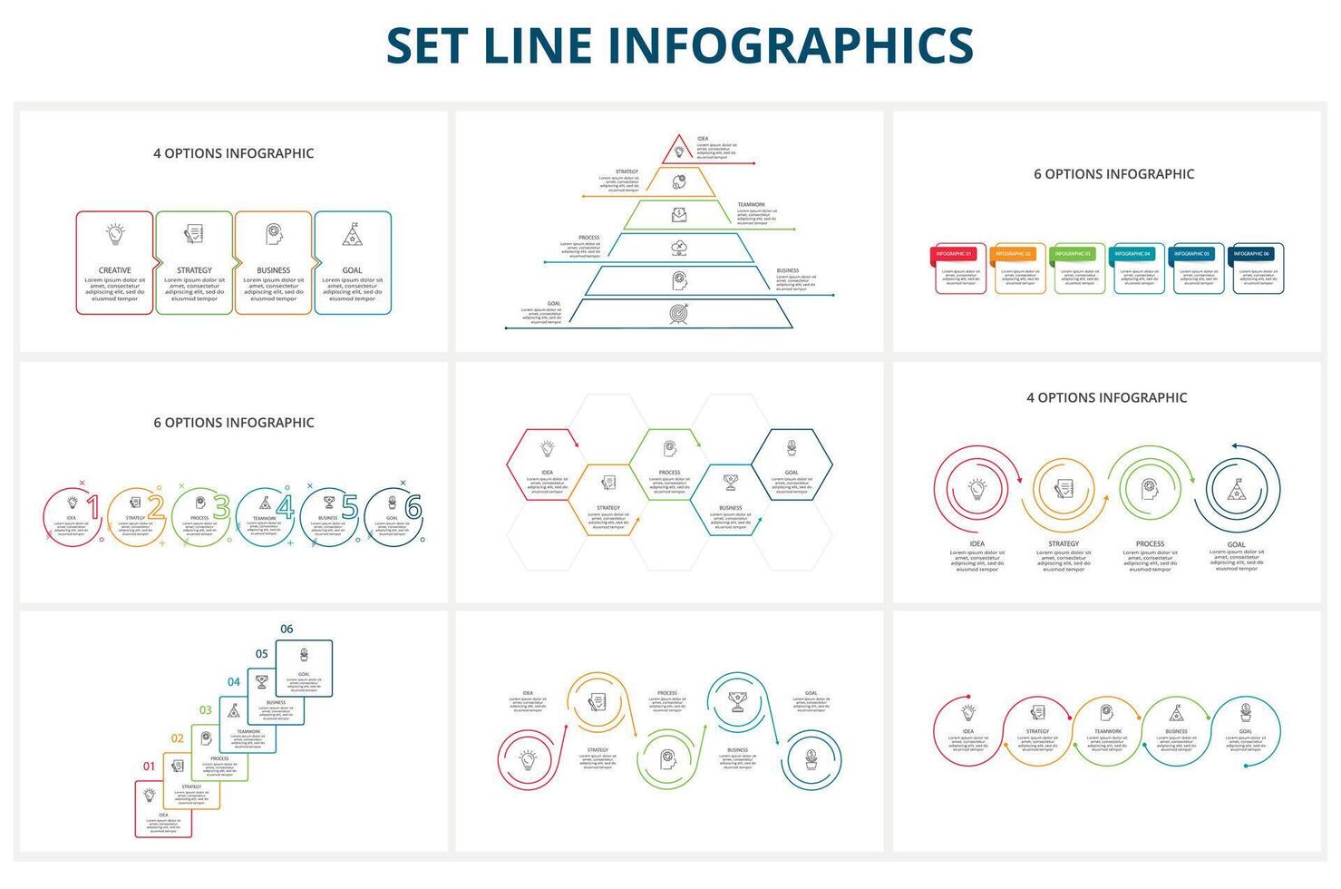 Set Line Infographics. Templates for growth chart, graph, presentation, chart. Business startup concept vector