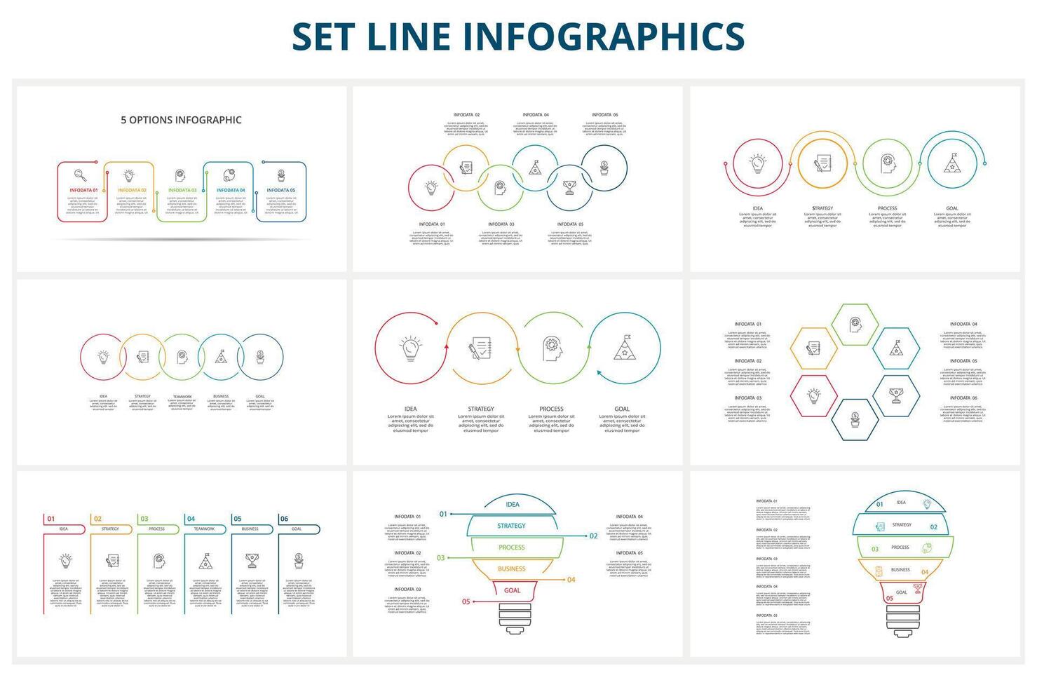 Set Line Infographics. Templates for growth chart, graph, presentation, chart. Business startup concept vector
