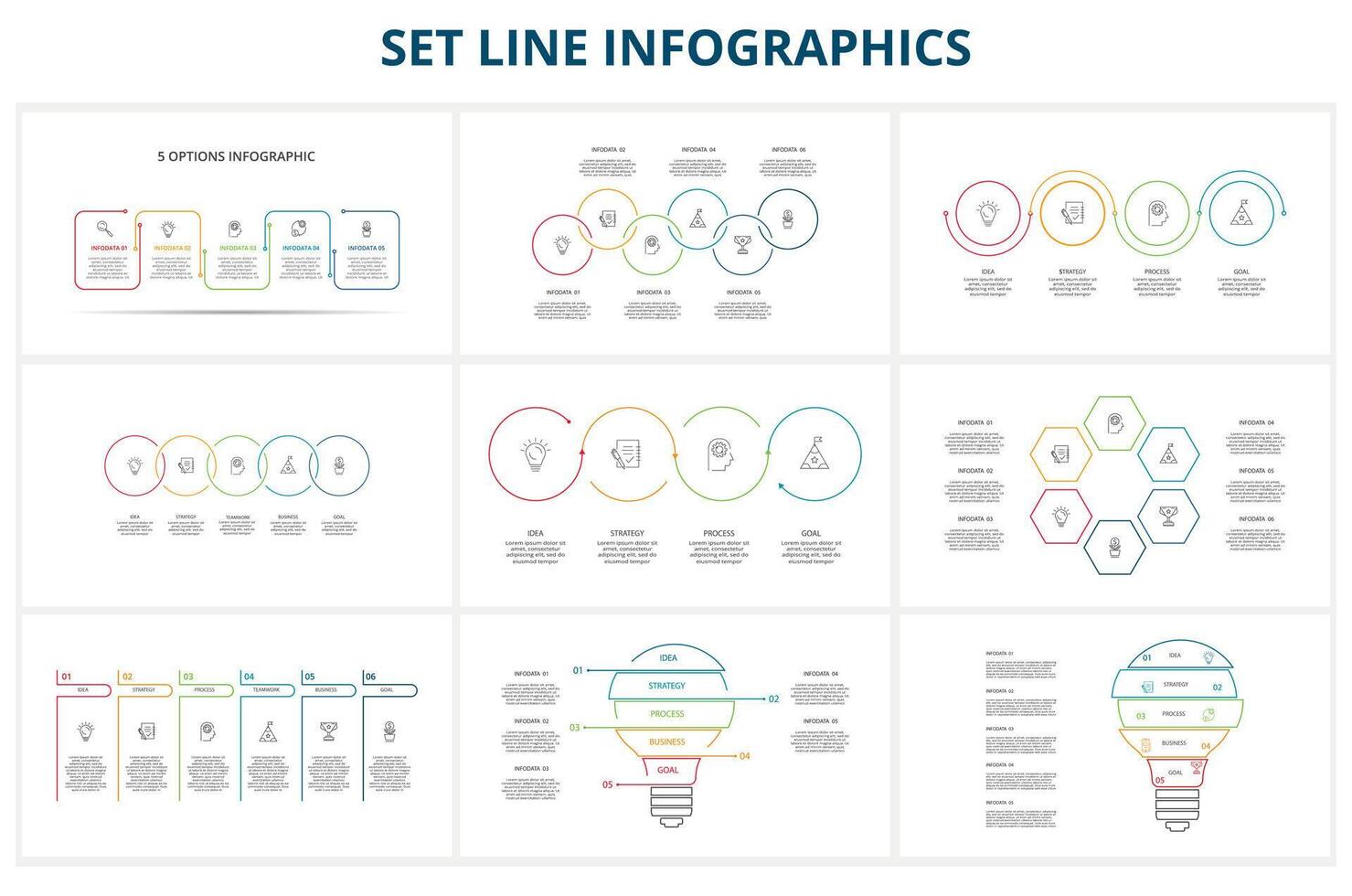 conjunto línea infografía. plantillas para crecimiento cuadro, grafico, presentación, cuadro. negocio puesta en marcha concepto vector