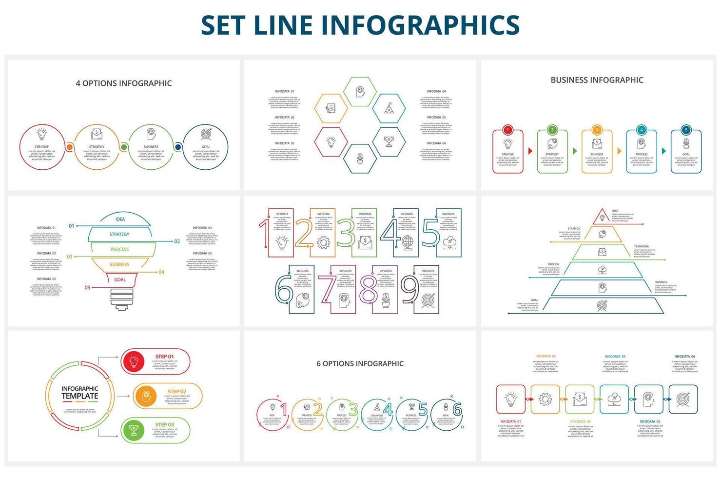 Set Line Infographics. Templates for growth chart, graph, presentation, chart. Business startup concept vector