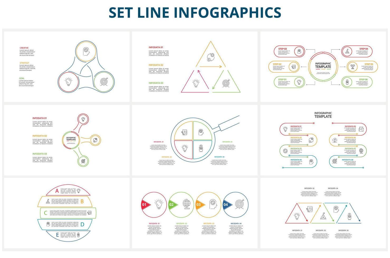 Set Line Infographics. Templates for growth chart, graph, presentation, chart. Business startup concept vector