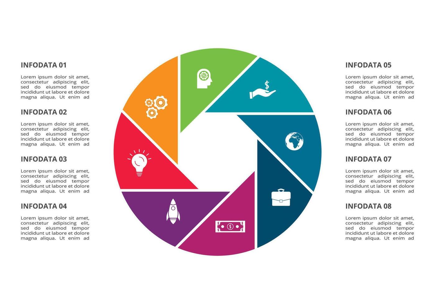 creativo concepto para infografía con 8 pasos, opciones, partes o procesos. negocio datos visualización. vector