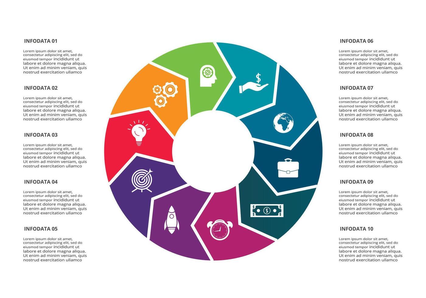 circulo elementos de grafico, diagrama con 10 pasos, opciones, partes o procesos. modelo para infografía, presentación. vector