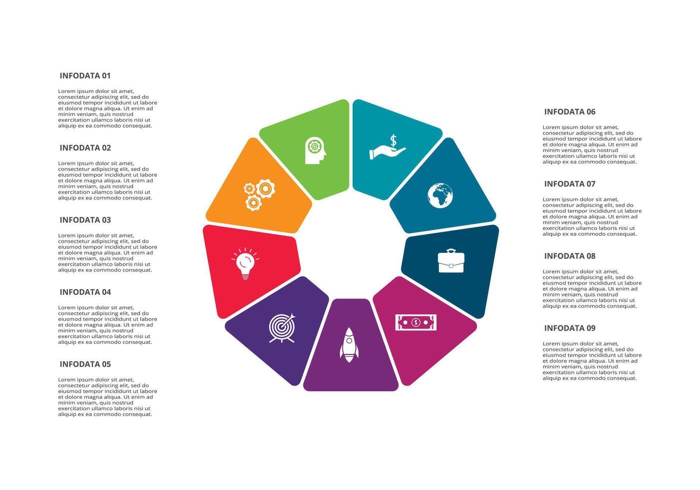 Circle elements of graph, diagram with 9 steps, options, parts or processes. Template for infographic, presentation. vector