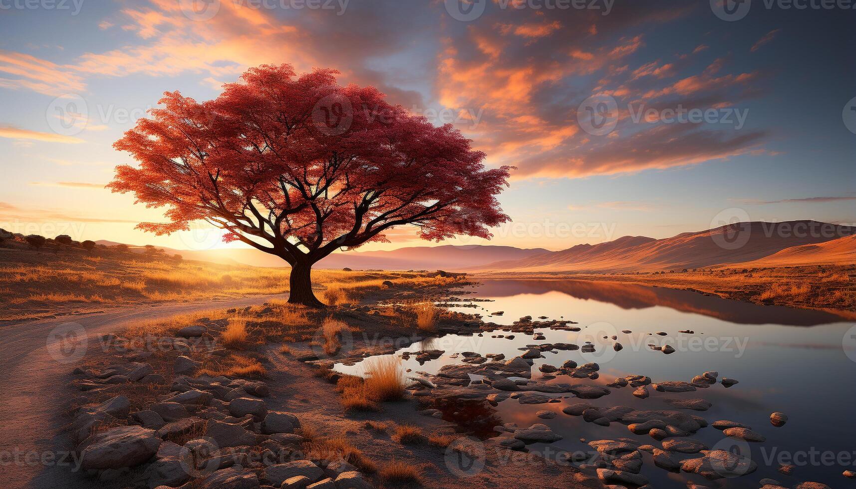 AI generated Tranquil sunset, reflecting beauty in nature, silhouettes tree on horizon generated by AI photo