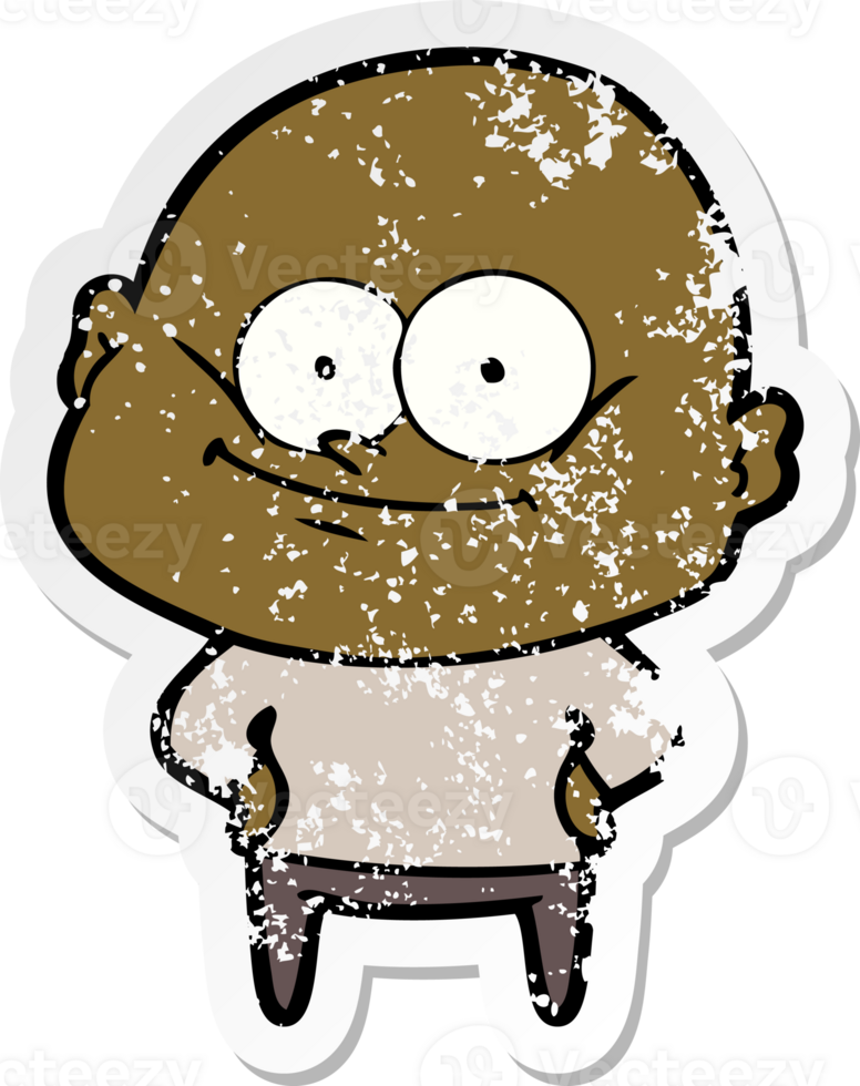 distressed sticker of a cartoon bald man staring png