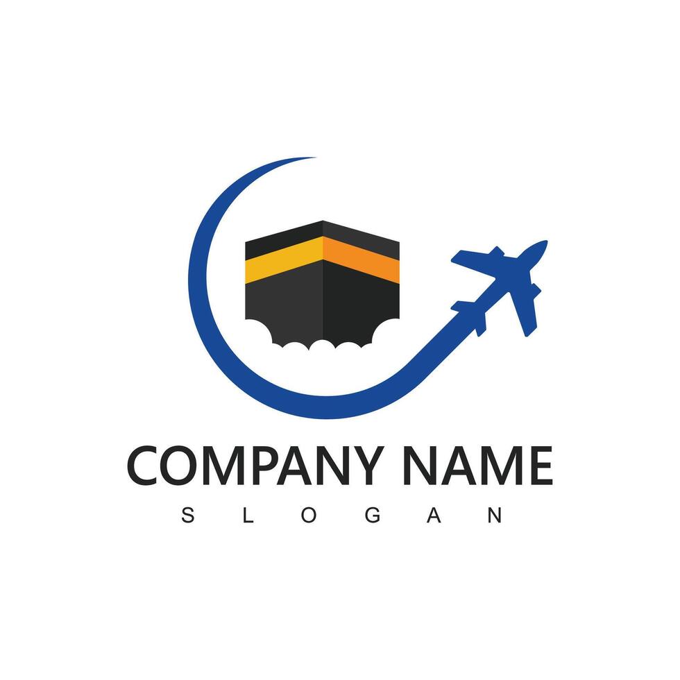 Hajj and umrah agency logo, tour and travel icon. flying airplane with kabah illustration. vector