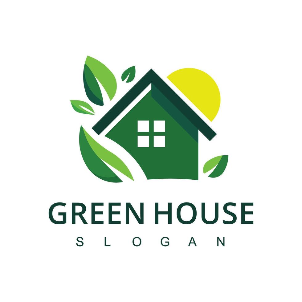 Real estate company logo, green house icon, vector illustration