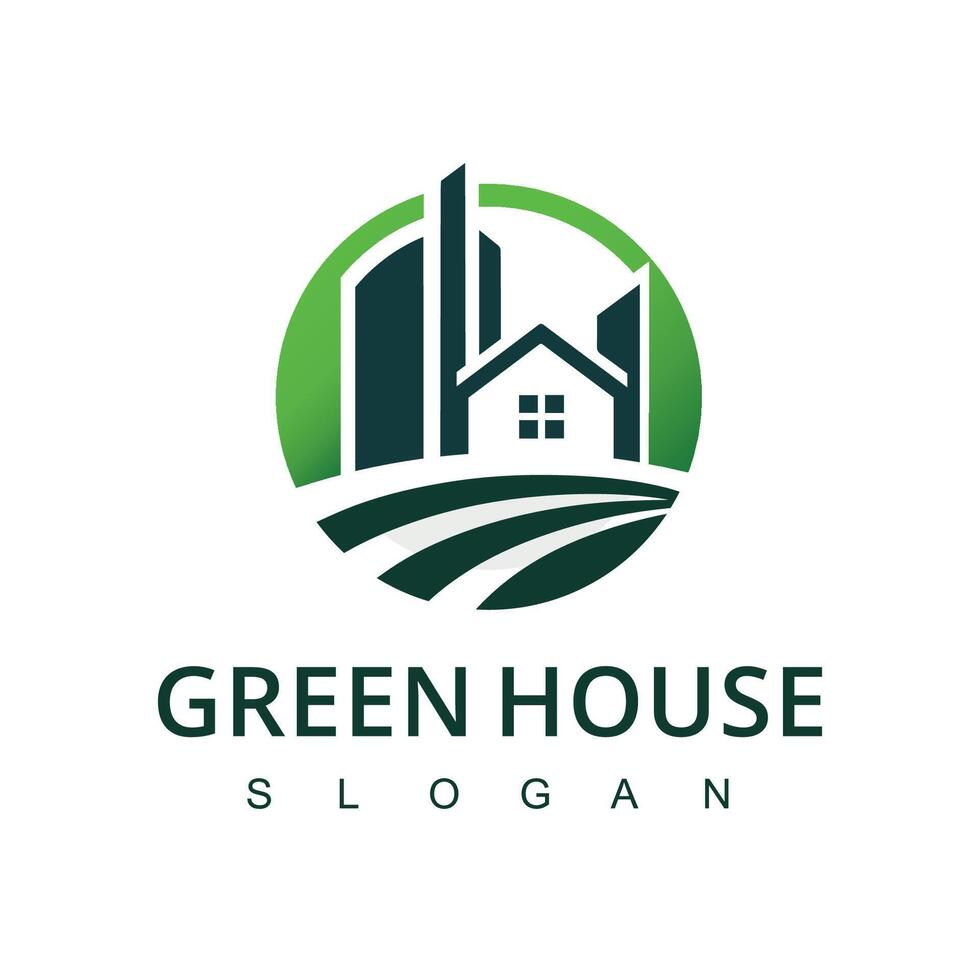 Real estate company logo, green house icon, vector illustration