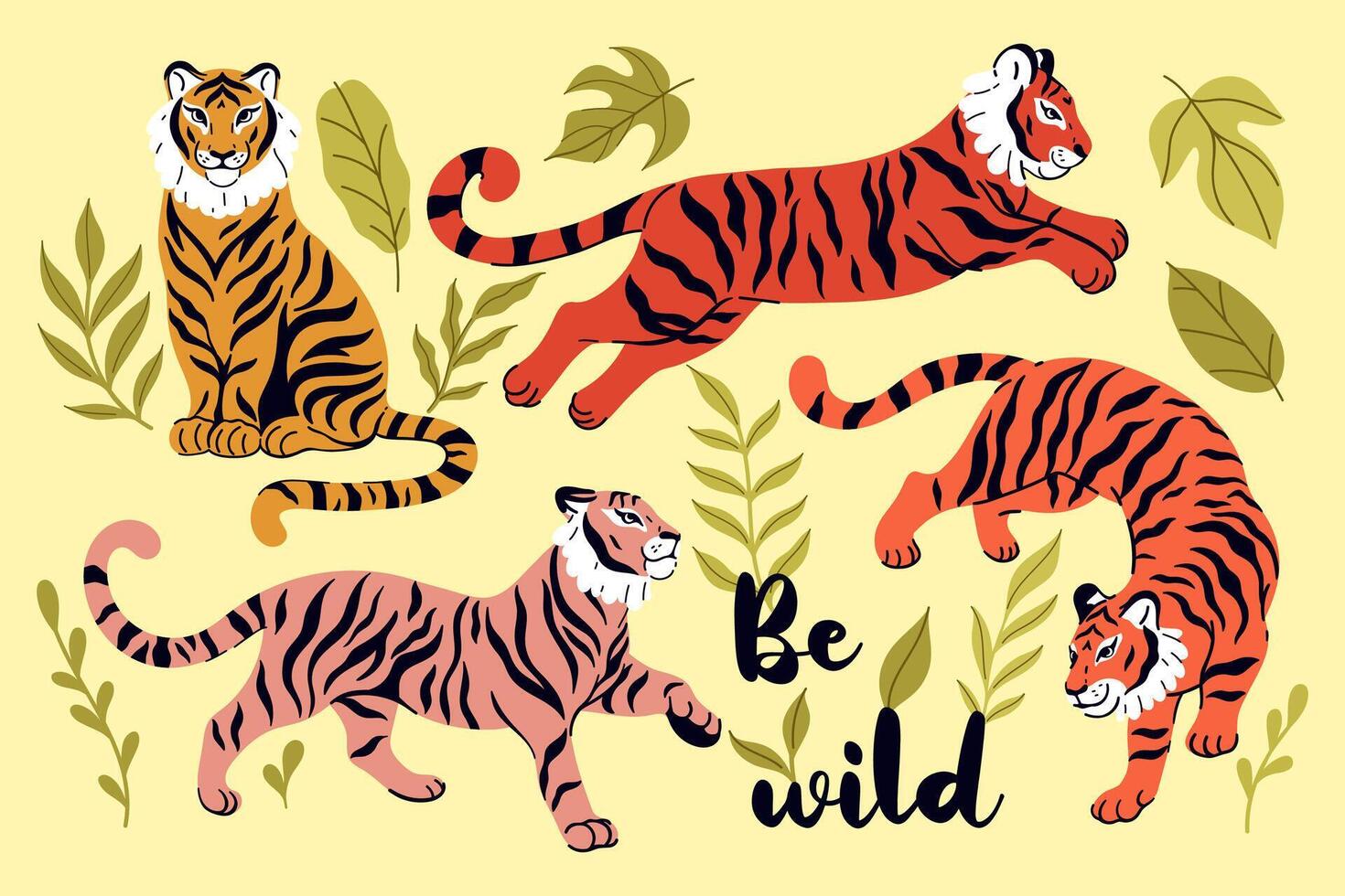 Set of wild tigers and tropical leaves. Vector graphics.