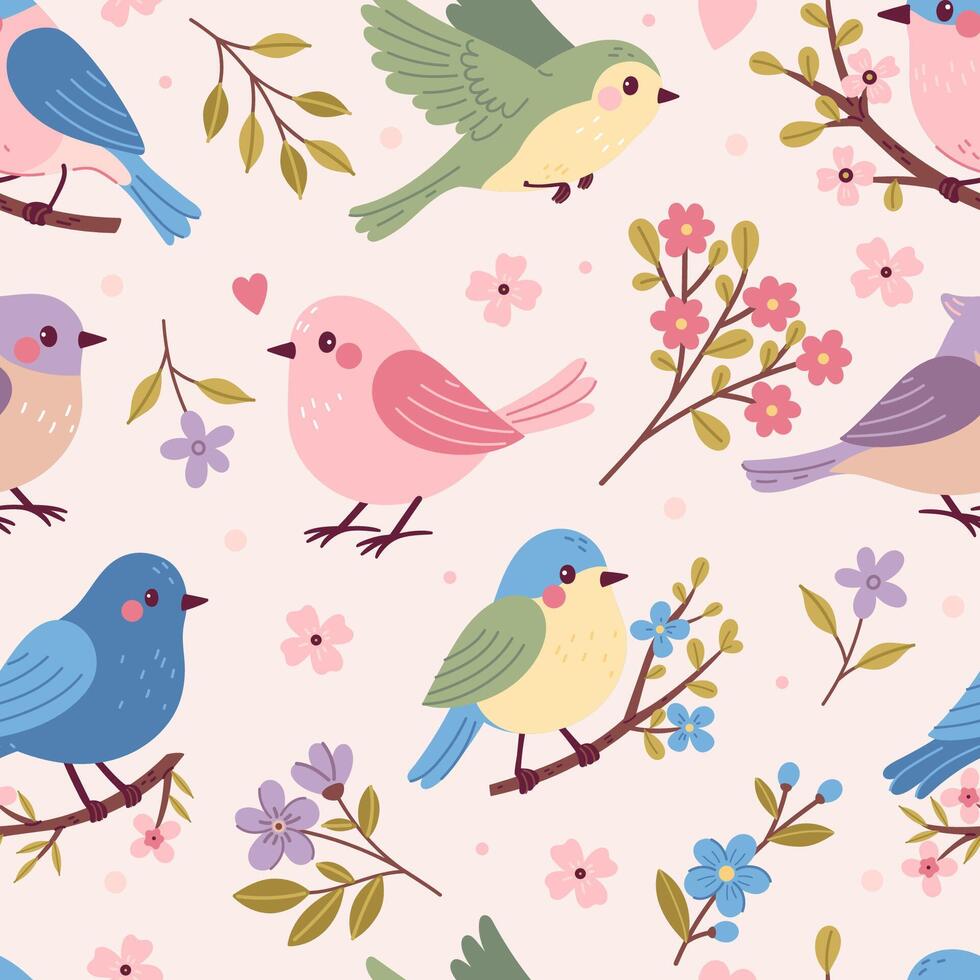 Seamless pattern of cute spring songbirds and flowers. Vector graphics.