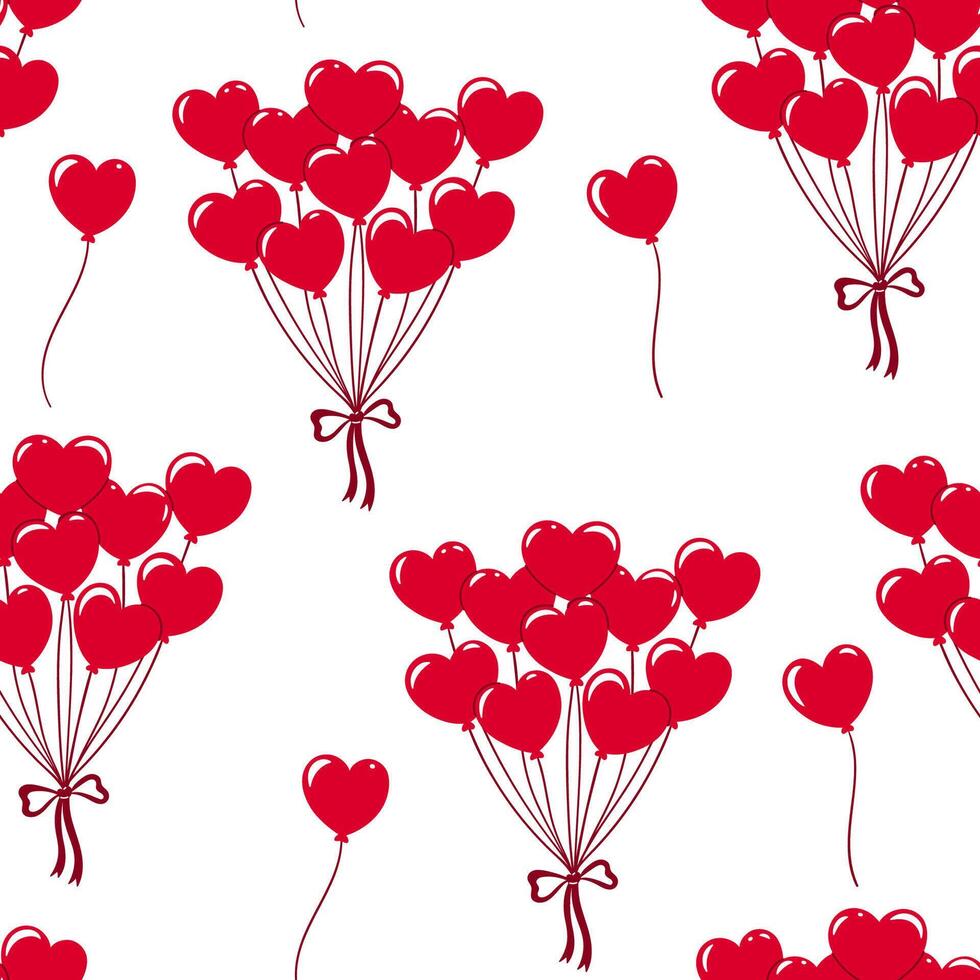 Seamless pattern with bunches of red heart-shaped balloons. Vector graphics.