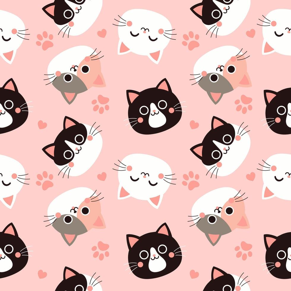 Seamless pattern with cute cat faces on a pink background. Vector graphics.