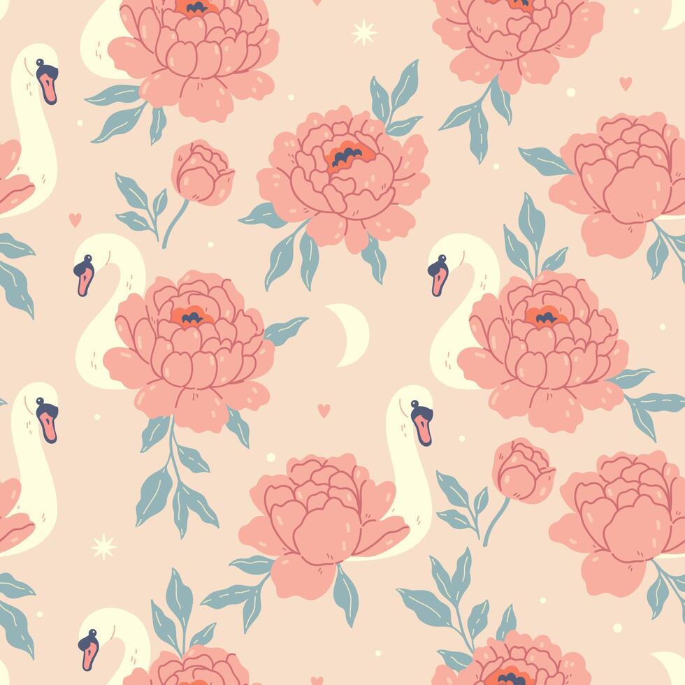 Seamless pattern with swans and peonies. Vector graphics.