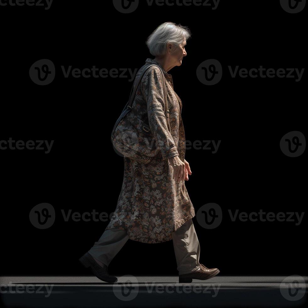 AI Generated An elderly woman with a gray hair, a dark sweater, with a bag in her hands, merrily steps forward with a smile photo