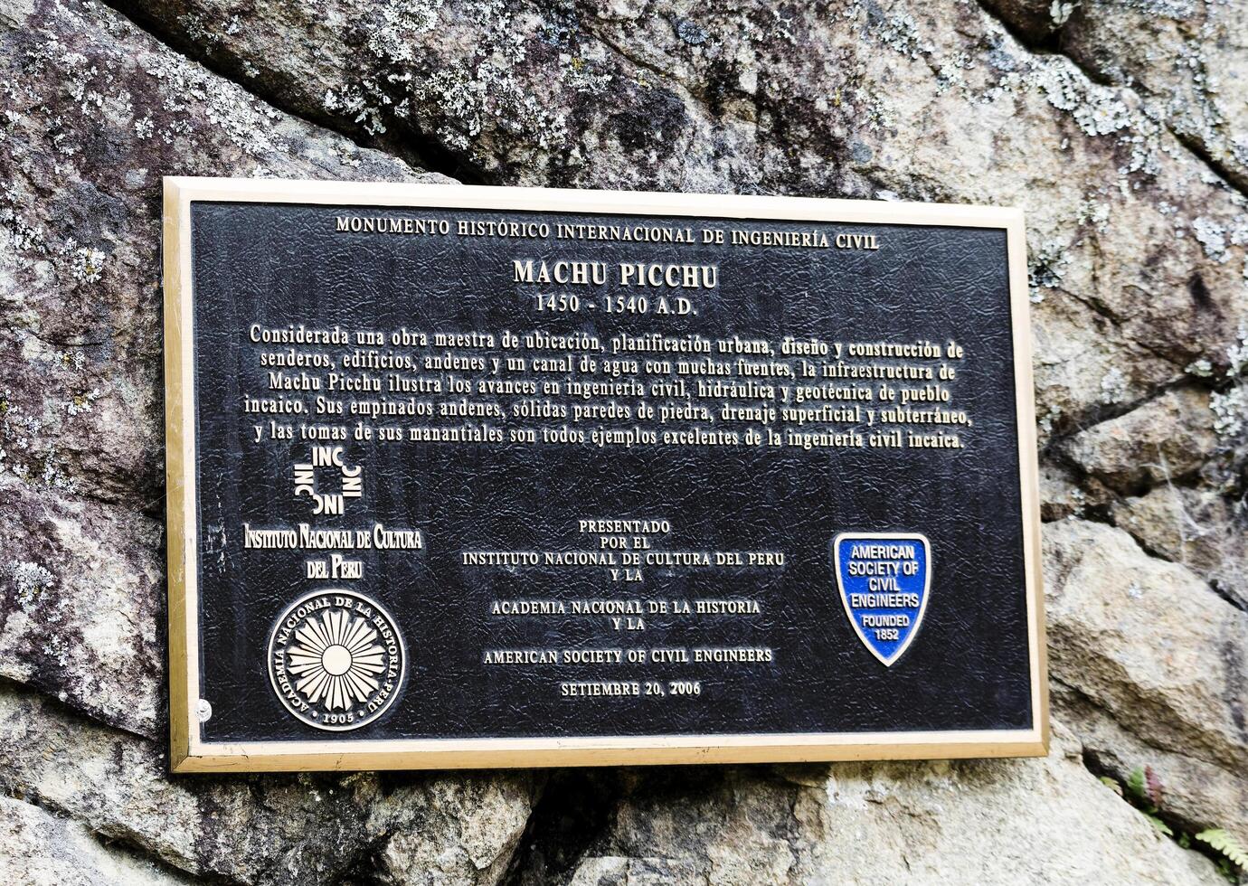 Machu Picchu, Peru, 2015 -Plaque At Entrance Inca Ruins South America photo