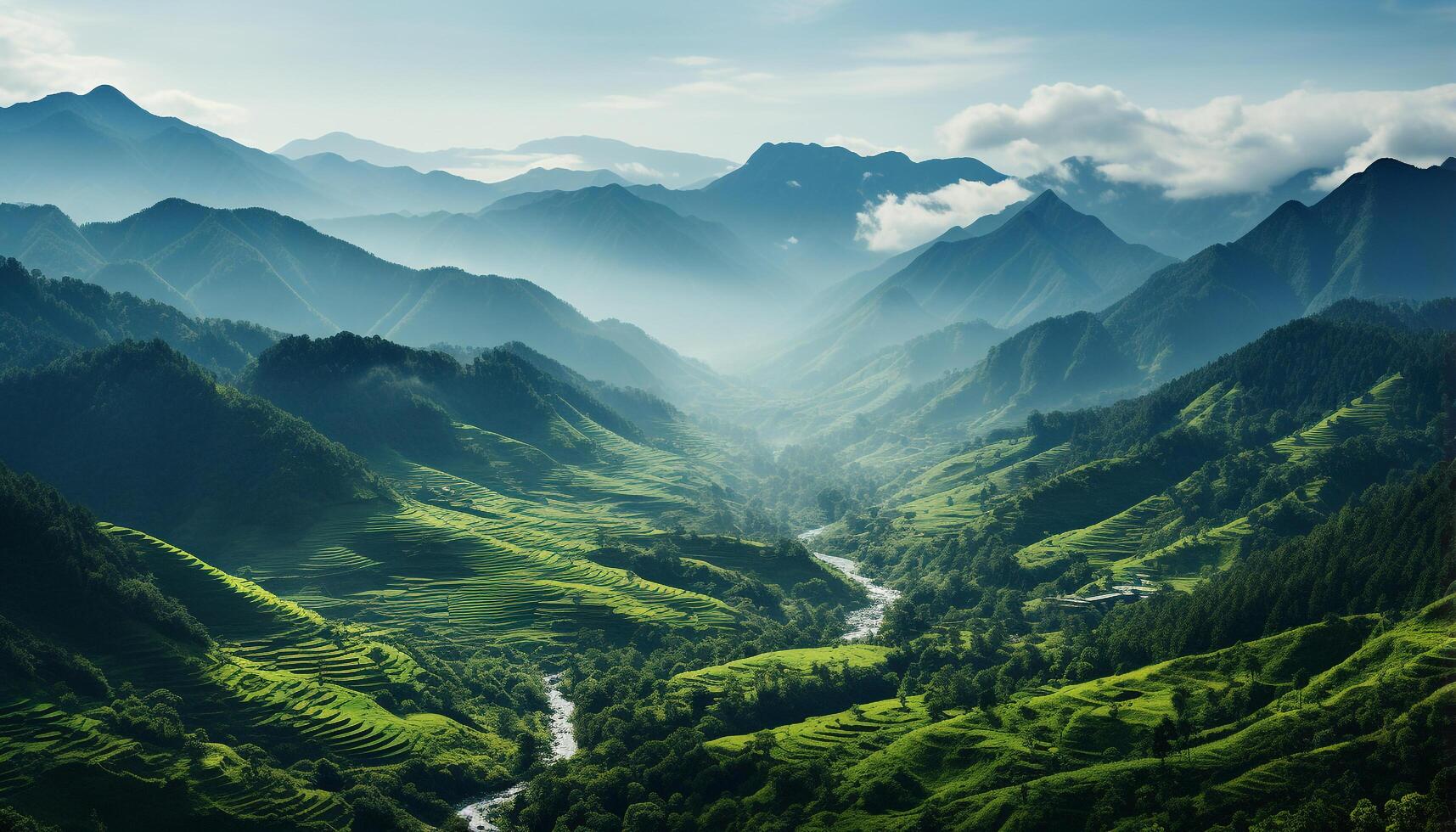 AI generated Majestic mountain peak, green meadow, tranquil forest, and blue sky generated by AI photo