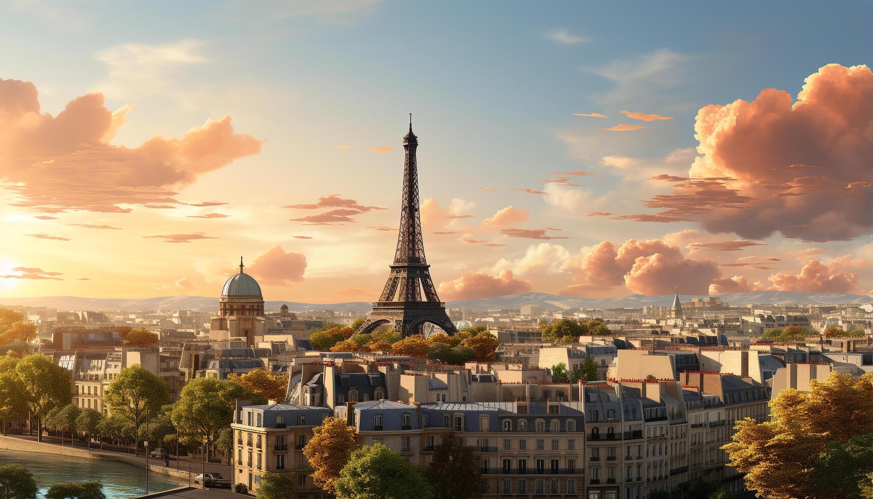 AI generated Famous city skyline at sunset, a majestic symbol of travel generated by AI photo