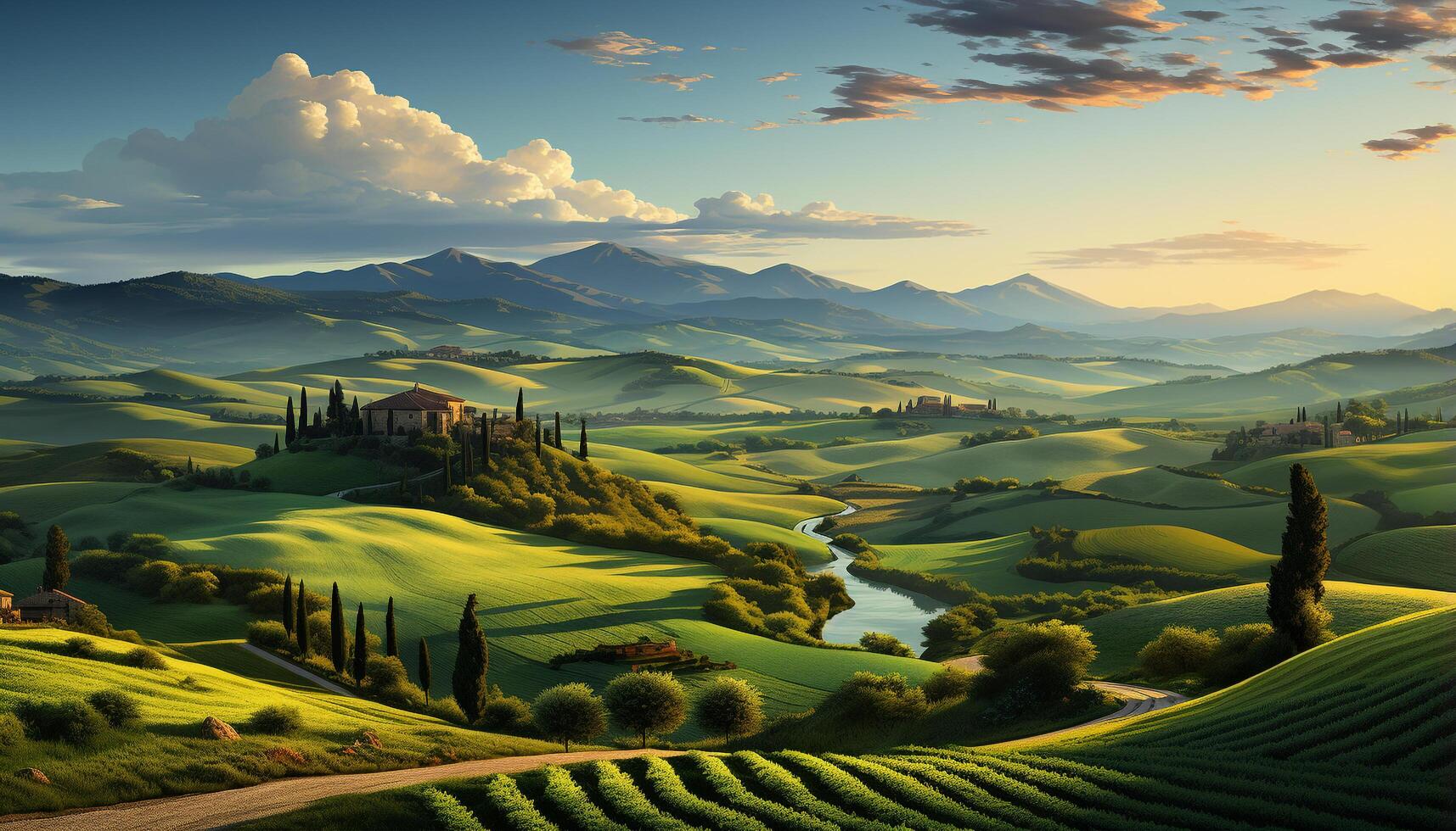 AI generated Idyllic Italian countryside rolling meadows, rustic farmhouse, tranquil sunset generated by AI photo