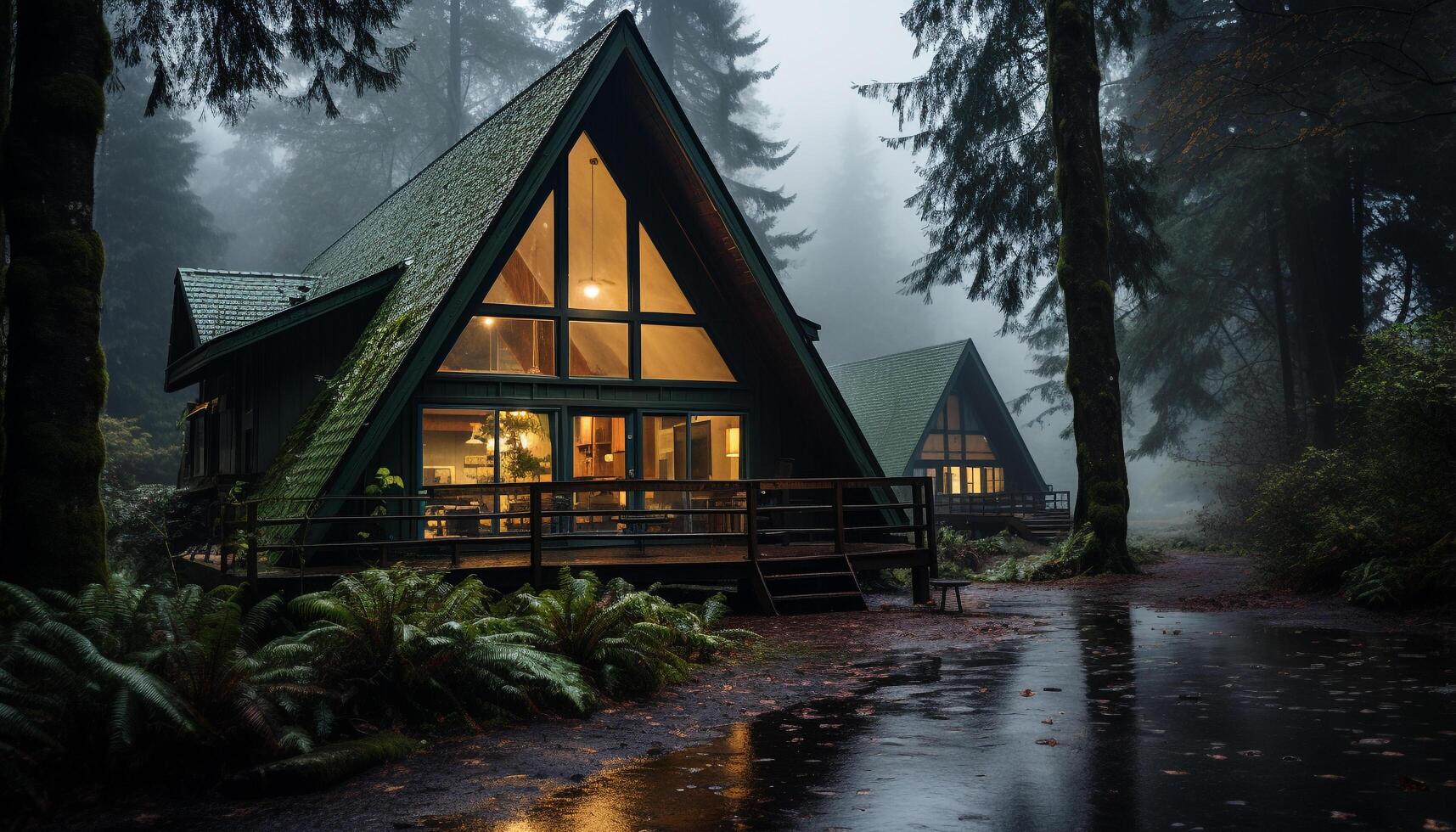 AI generated Spooky night illuminates old, abandoned cottage in mysterious forest generated by AI photo