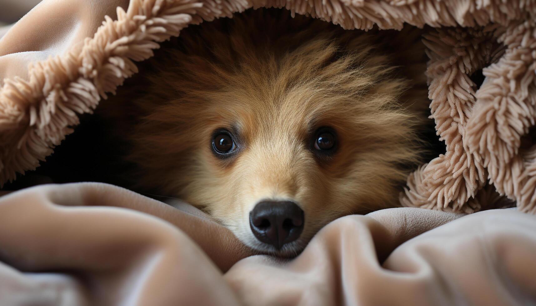 AI generated Cute puppy sleeping, fluffy fur, looking at camera, indoors generated by AI photo