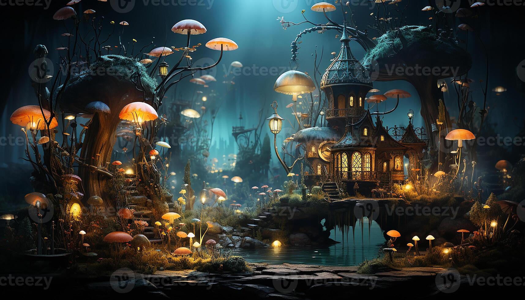 AI generated Spooky Halloween night dark forest, glowing lantern, mysterious underwater generated by AI photo