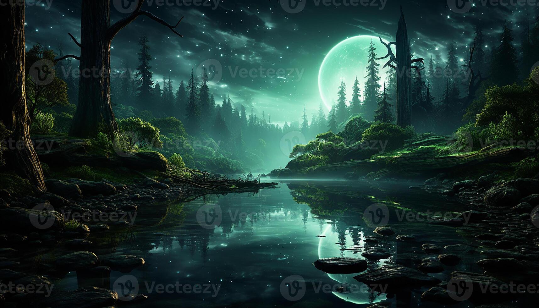 AI generated Spooky night in the forest, mystery in nature dark landscape generated by AI photo