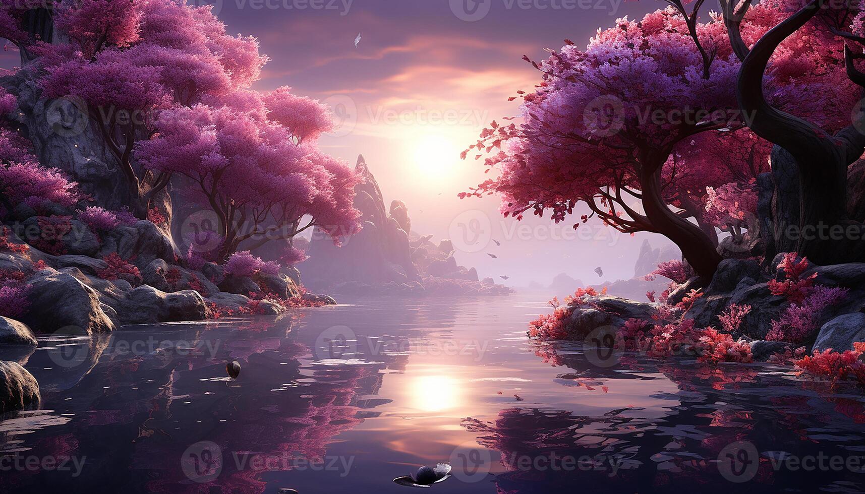 AI generated Nature fantasy foggy sunset, outdoor cloud sky landscape generated by AI photo