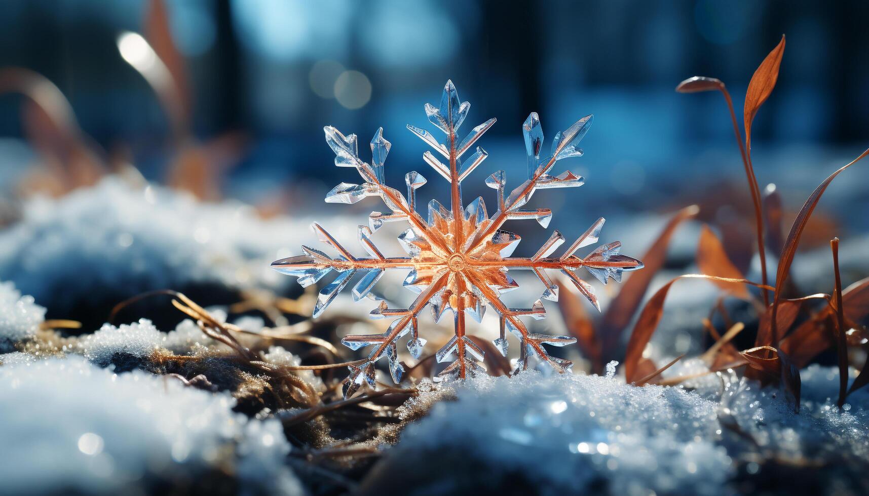 AI generated Winter snow close up frost on leaf, frozen branch, icy beauty generated by AI photo