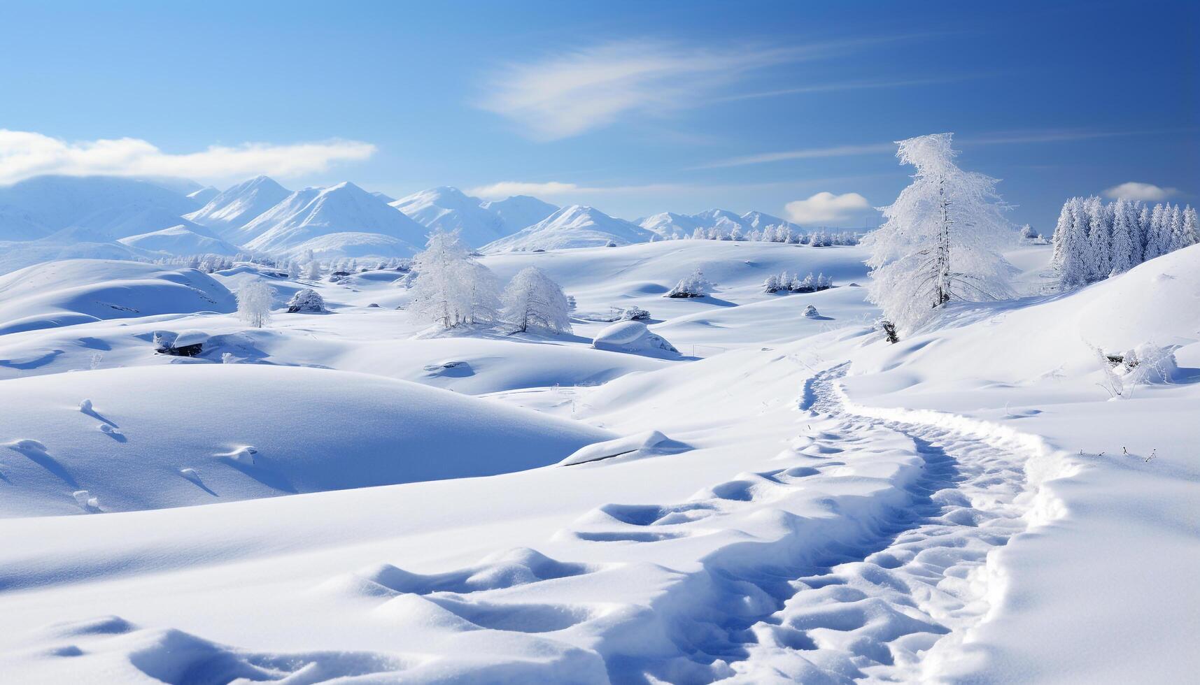 AI generated Winter landscape mountains, trees, and ski slopes covered in snow generated by AI photo