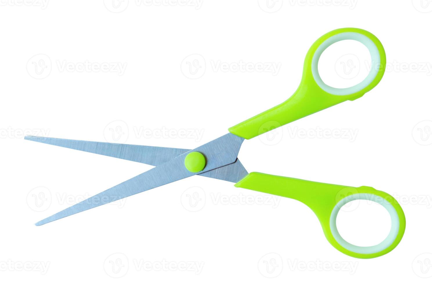 Top view of small multipurpose scissors with green handle isolated on white background with clipping path photo