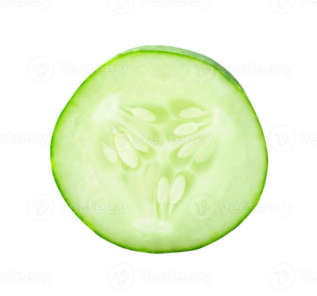 Top view of single fresh cucumber slice or piece isolated on white background with clipping path photo