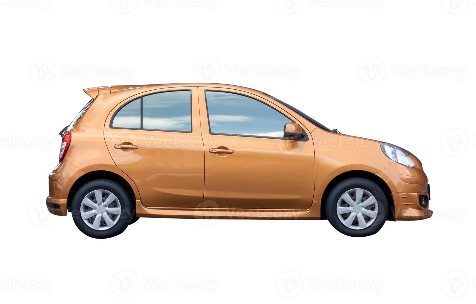 Side view of single lovely small orange car isolated on white background with clipping path photo