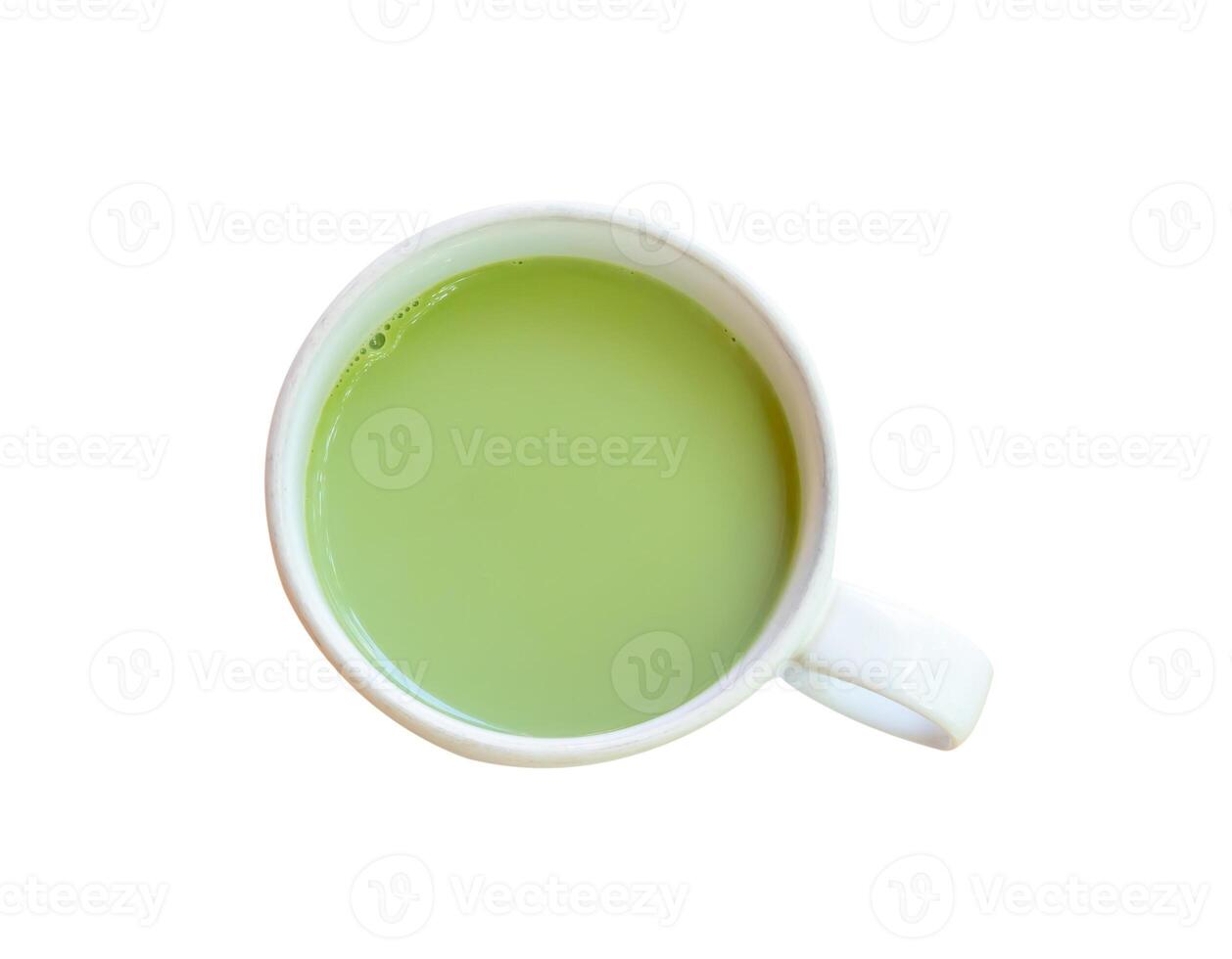 Top view of hot matcha latte green tea in small white cup isolated on white background with clipping path photo
