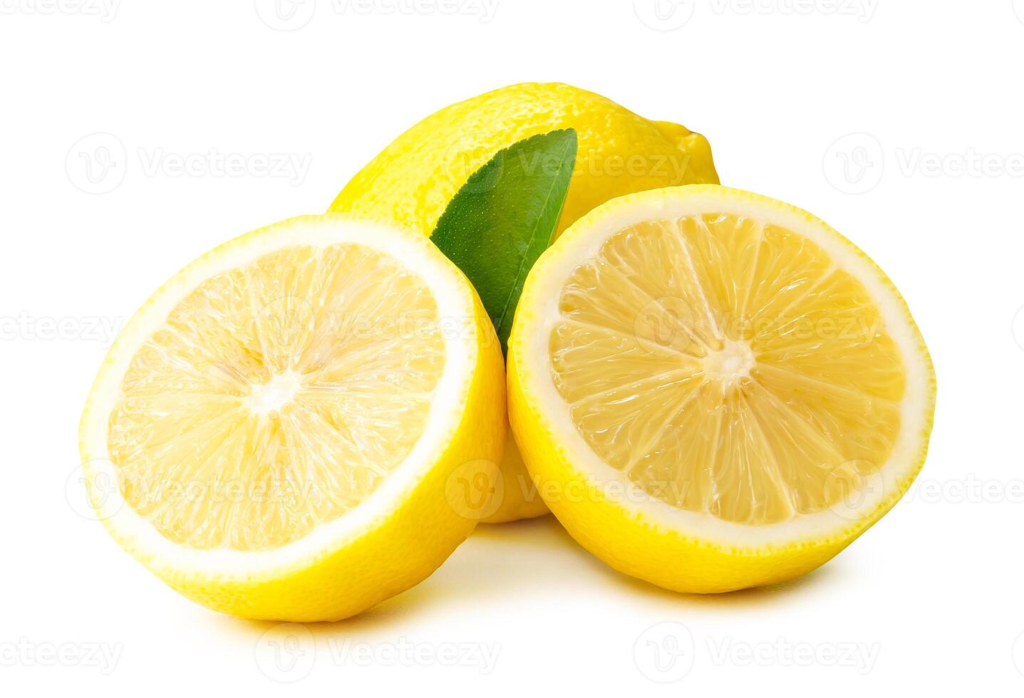 Front view of yellow lemon fruits with two halves and leaf isolated on white background with clipping path photo