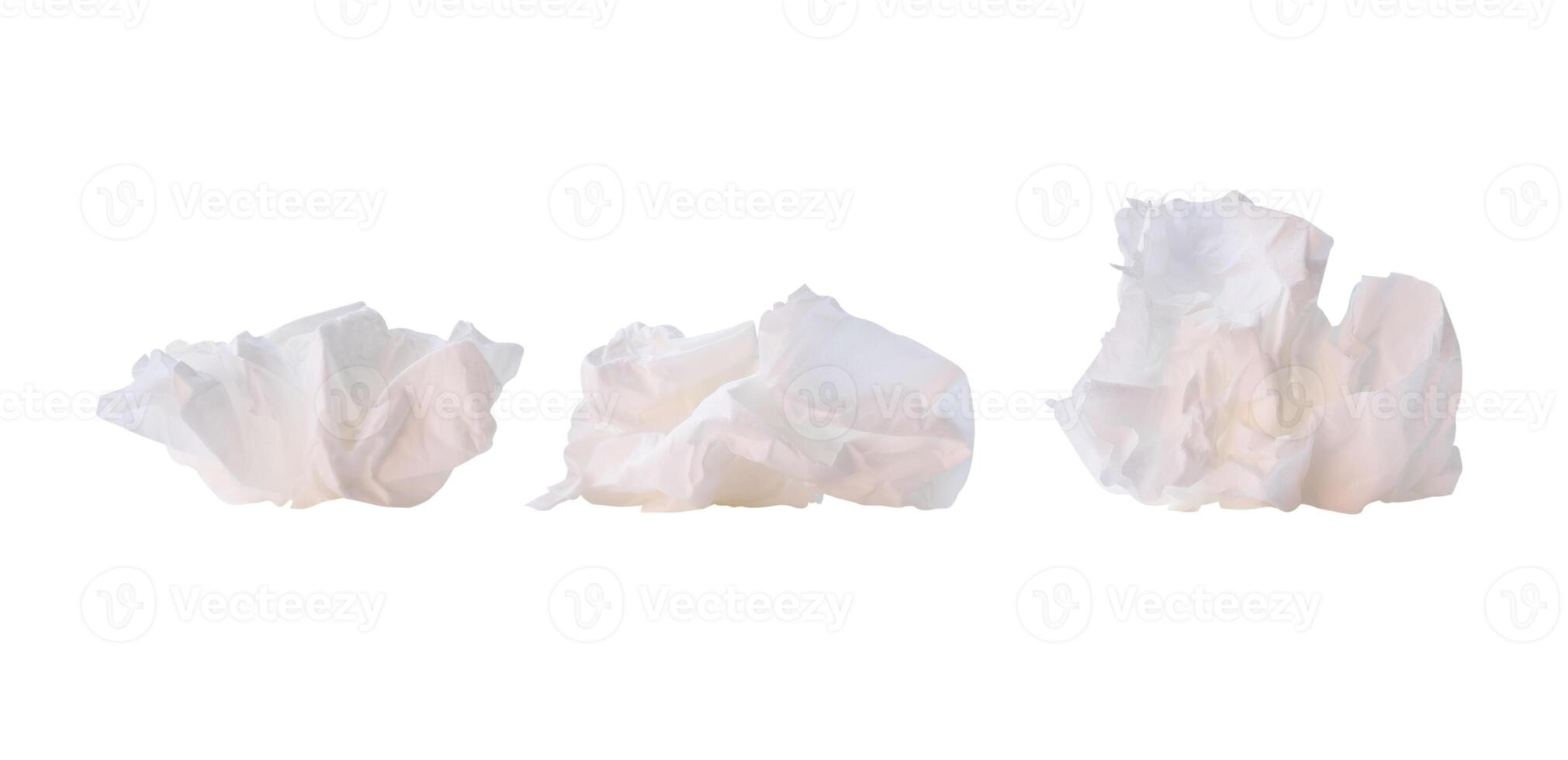Front view set of crumpled tissue paper balls after use in toilet or restroom isolated on white background with clipping path photo