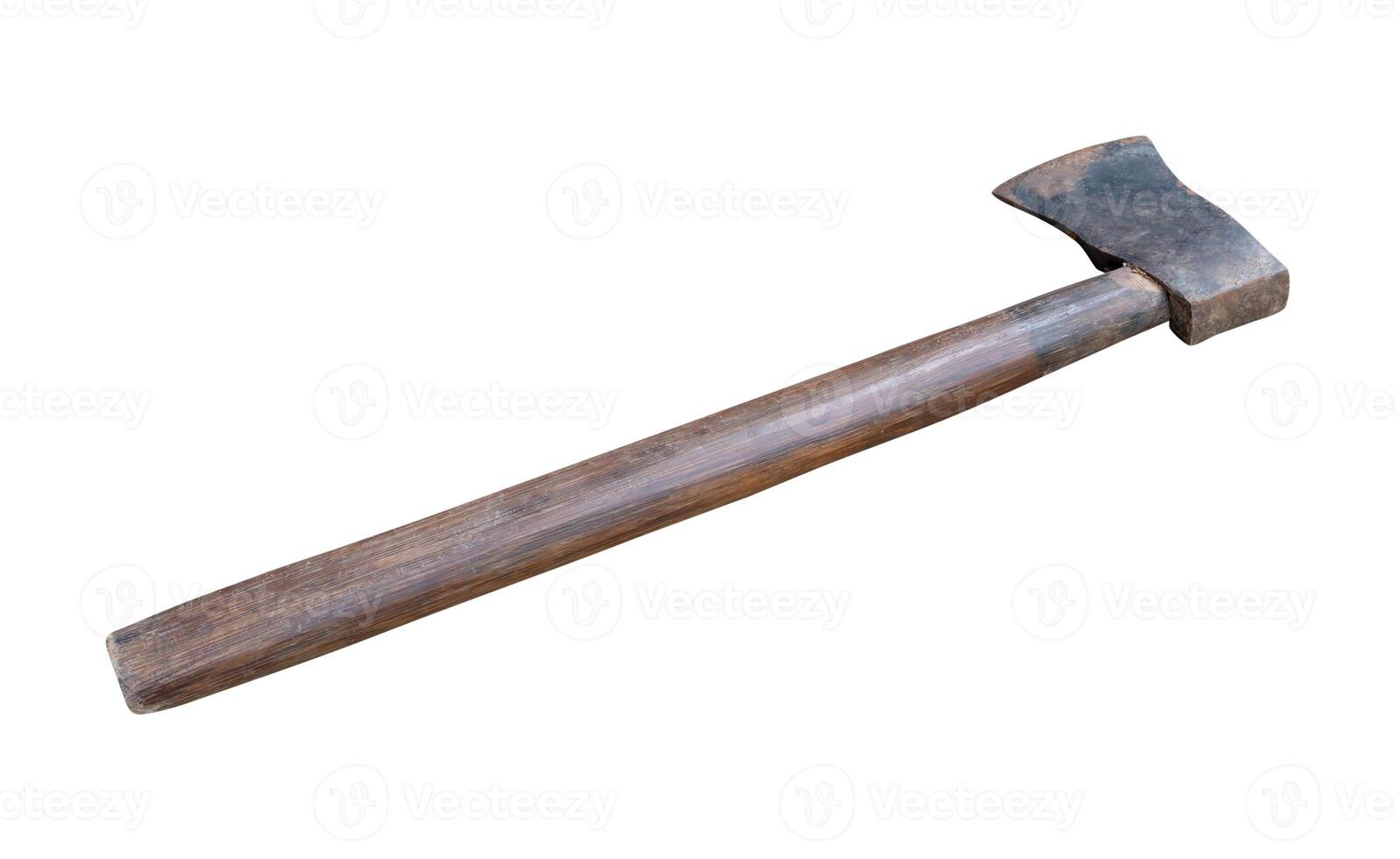 Old rust dirty dark gray axe with brown wooden handle isolated on white background with clipping path photo