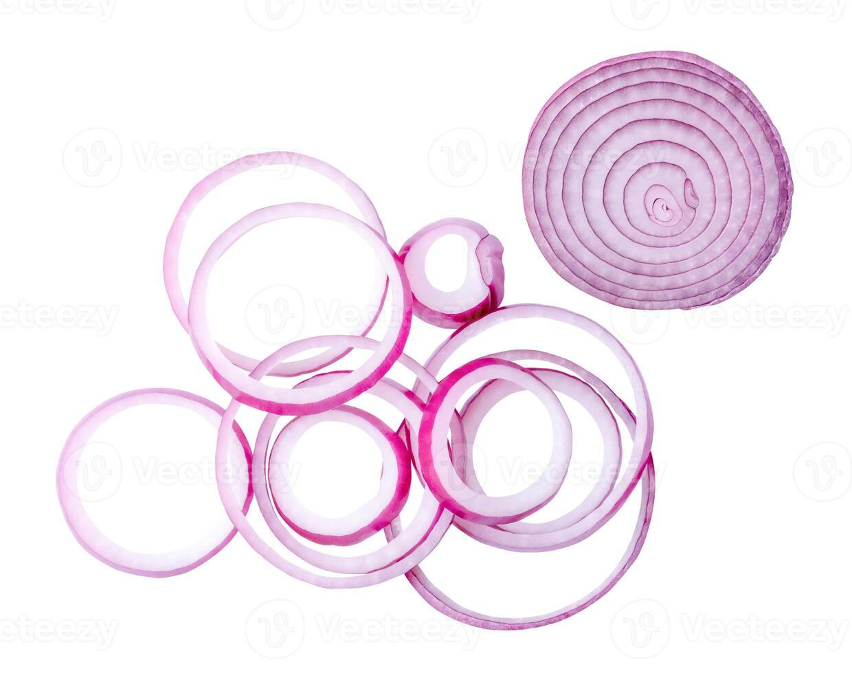 Top view set of fresh red or purple onion ring slices and half isolated on white background with clipping path photo