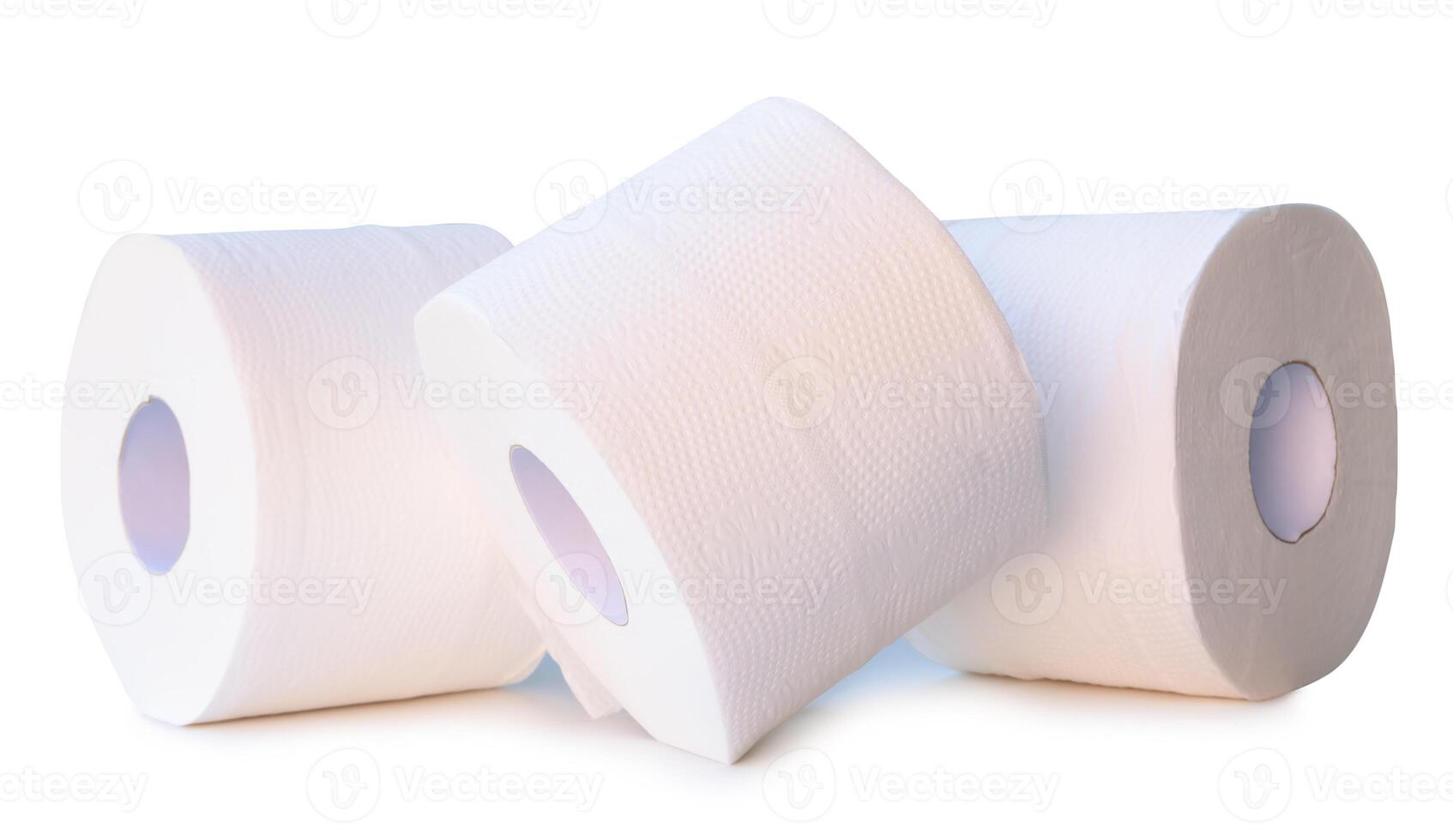 Front view of tissue paper or toilet paper rolls in stack isolated on white background with clipping path photo